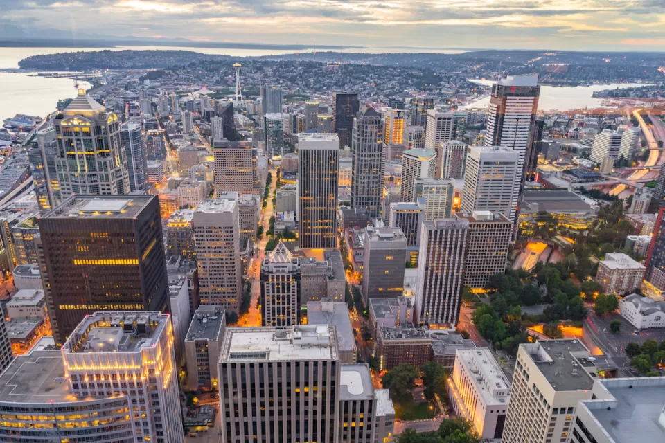 Aerial view of downtown Seattle, Washington at dusk.
